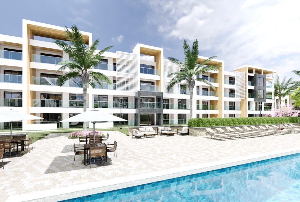 An apartment complex exterior and pool area